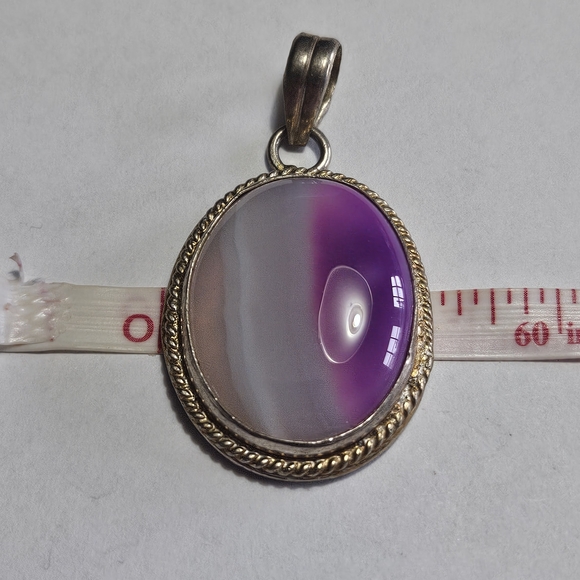 unknown Jewelry - Purple and Cream Agate Oval Pendant Necklace Marked 925
